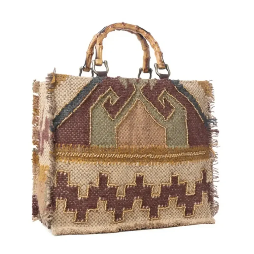 NWT Boutique Western Desert Loom Jute Tote Bag in Olive Amber